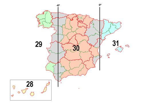 Mapa de husos UTM ETRS89 en España - Zonas 28N, 29N, 30N y 31N para Catastro